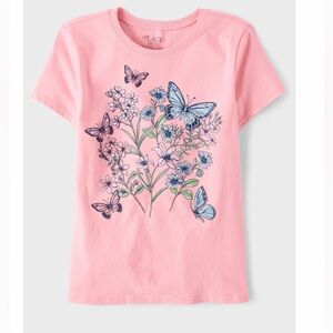 NWT:Girls Pretty Pink ShortSleeve Tee w/Blue Butterfly Floral Graphic-Small